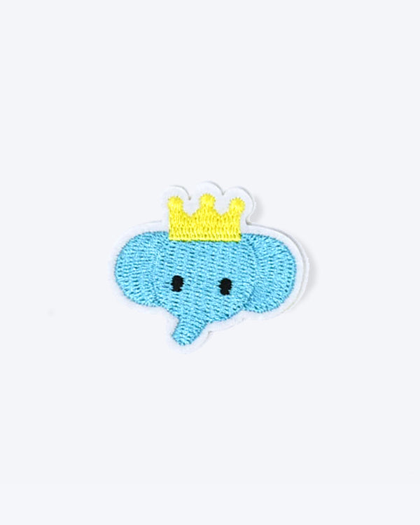 IRON ON ELEPHANT PATCH BLUE WITH A YELLOW CROWN. IRON ON PATCH FOR DOG AND CAT BANDANAS.