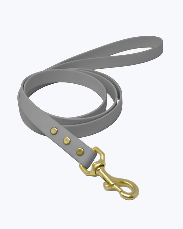 Grey biothane leash with classic brass buckle.