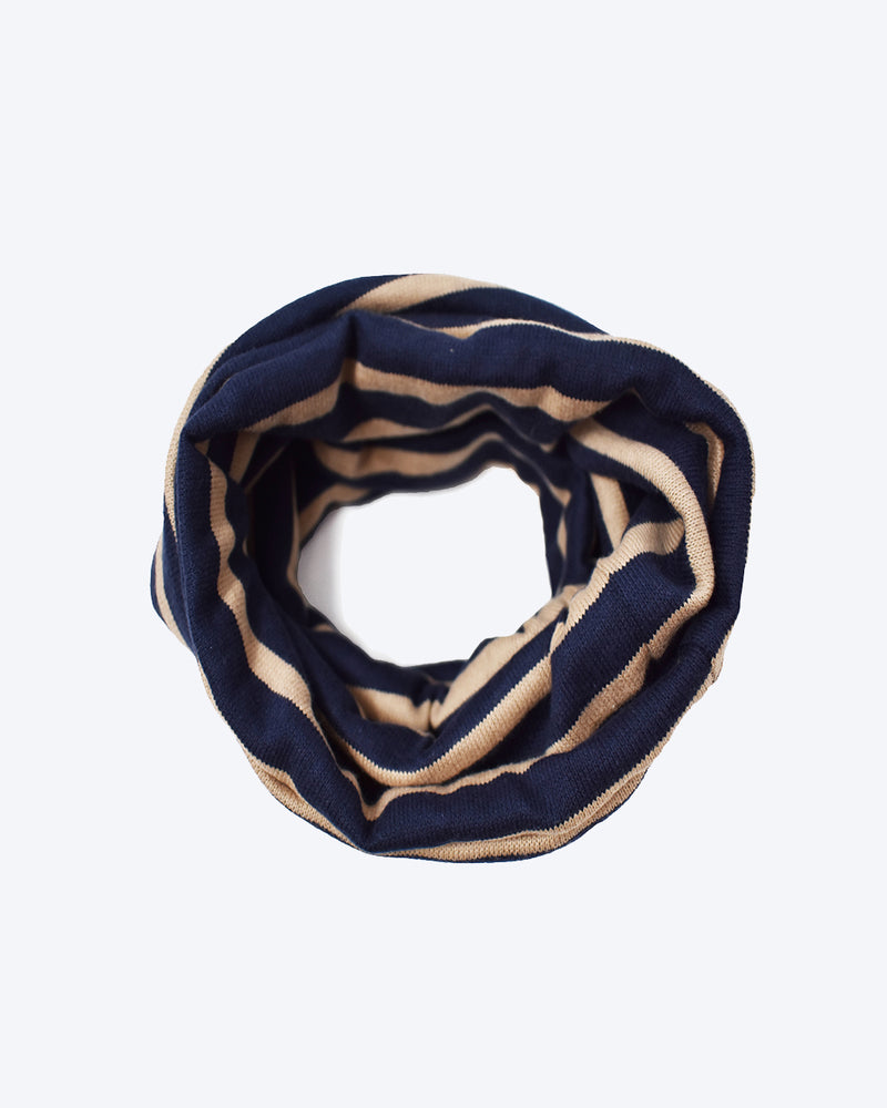 SNOOD FOR DOGS NAVY AND TAN STRIPES. TO KEEP DOGS WARM.