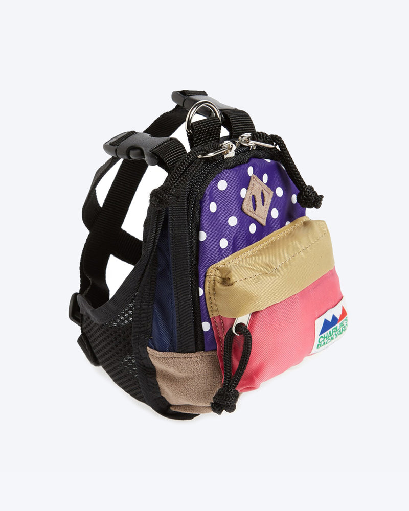 CHARLIES BACKPACK BY CHARLIE'S BACKYARD. PURPLE POLKADOT AND PINK DOG BACKPACK WITH HARNESS STRAPS. SMALL, MEDIUM, LARGE.