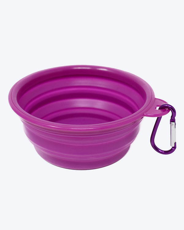 PURPLE COLLAPSIBLE DOG WATER BOWL. ATTACHABLE CLIP.