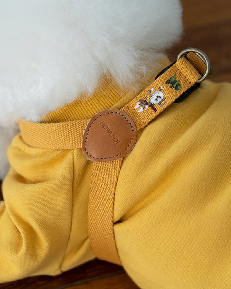 Dog harness with superhero dog embroidered. Mustard and yellow color. Buckle and adjustable.