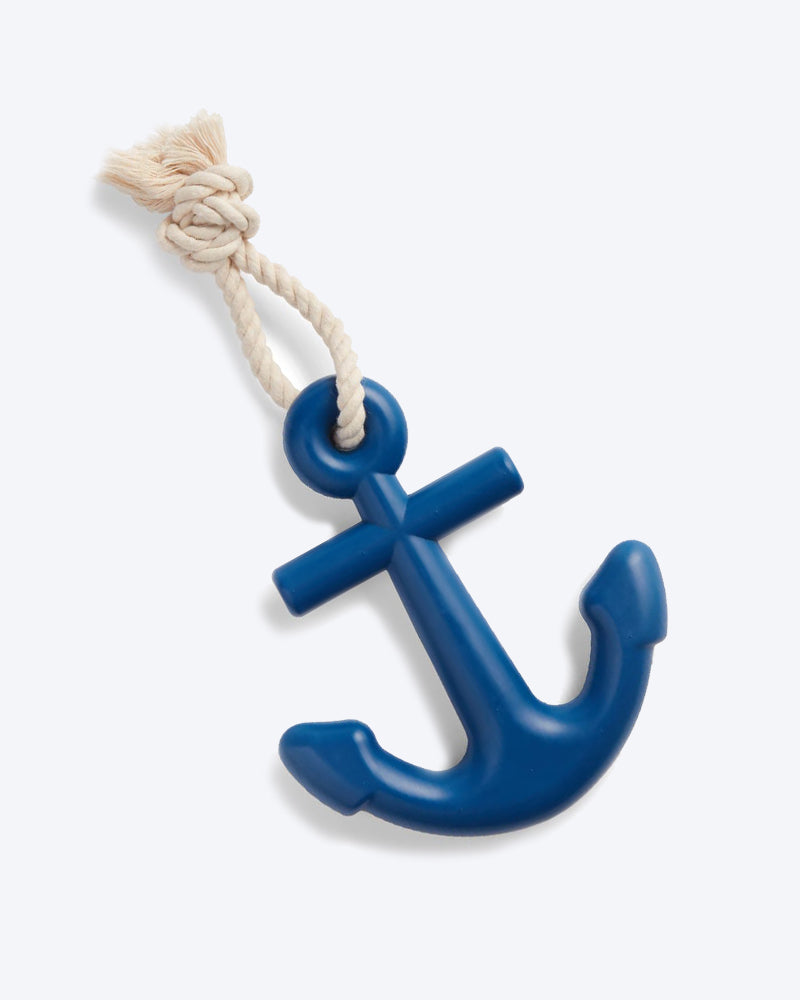 RUBBER ANCHOR DOG TOY IN BLUE BY WAGGO. ROPE INCLUDED.