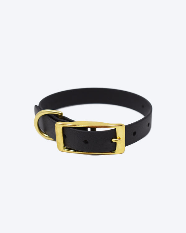 Black biothane collar with classic brass buckle.