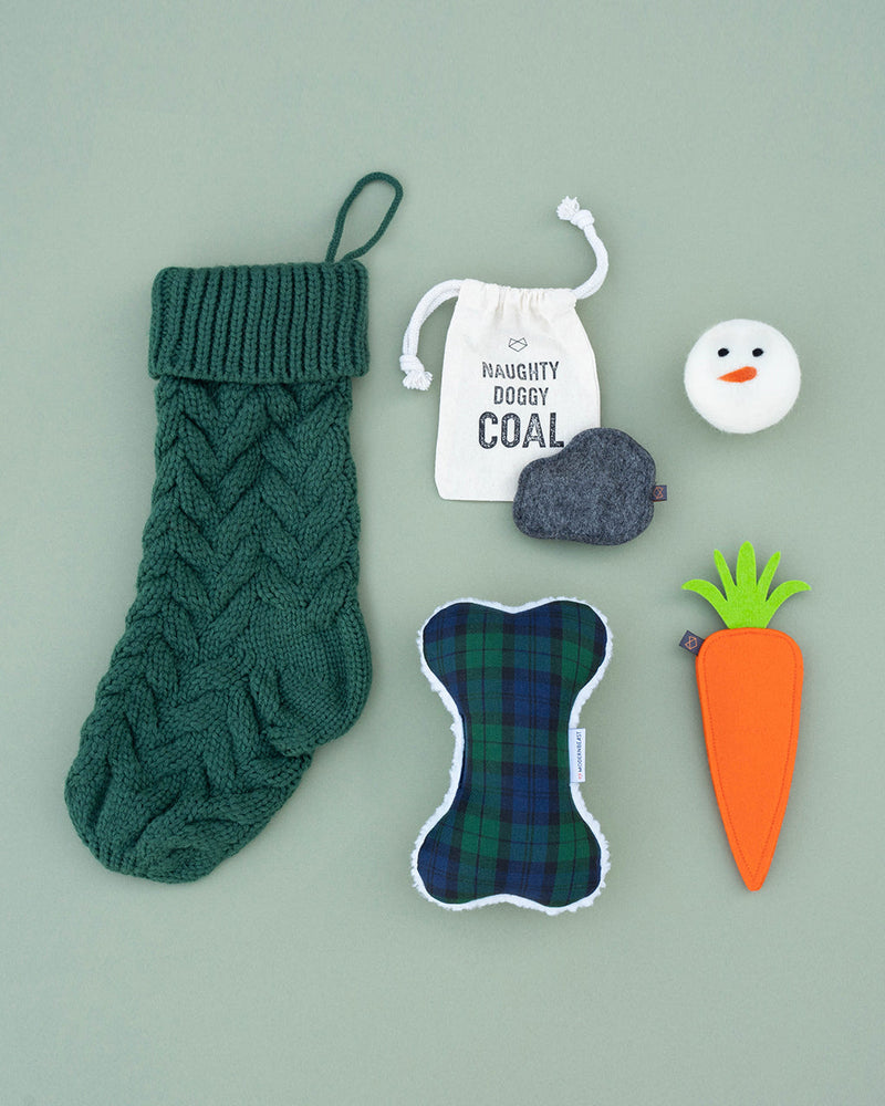 Modernbeast Green Christmas Stocking comes with naughty doggy coal, a snowman beastball, a holiday blue plaid zenbone filled with lavender, and a puppy carrot filled with a squeaker.