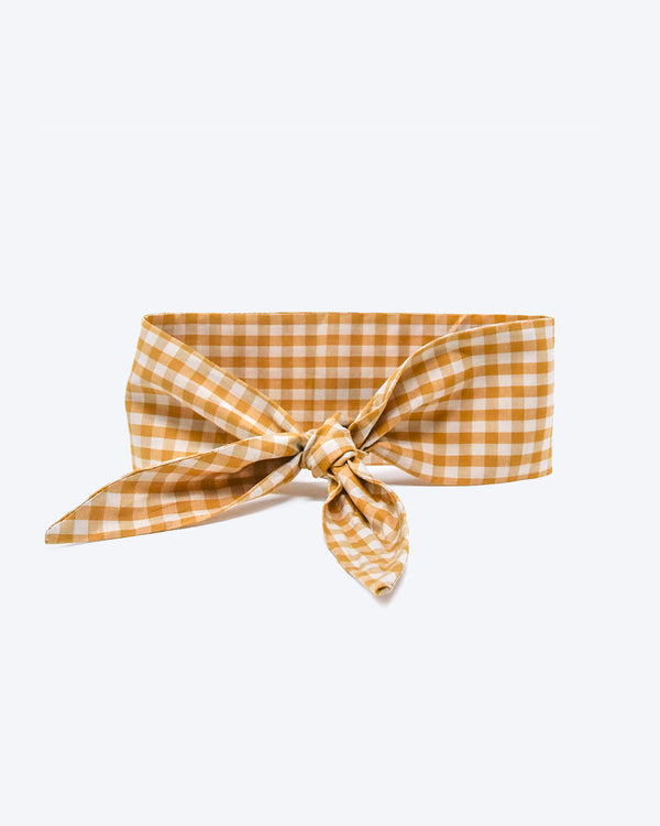 Dark yellow gingham necktie for dogs and cat. Like a rolled bandana but less fuss.