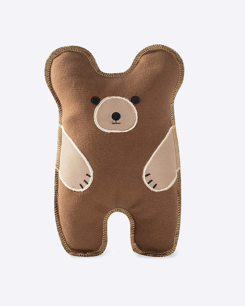 CANVAS BEAR DOG TOY BY FRINGE STUDIO. CUTE BEAR DESIGN AND HAS A SQUEAKER.