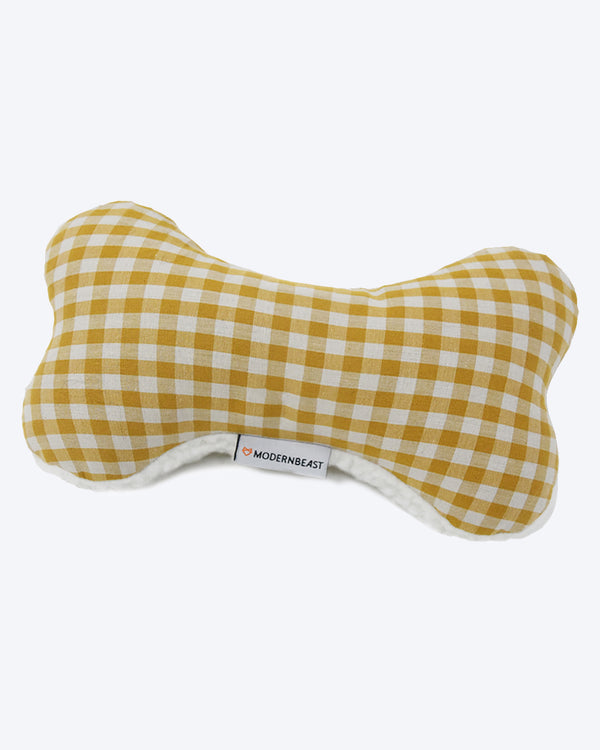 Plush Dog Toy filled with 100% organic lavender to help calm your pet. Yellow Gingham. Designed to give back 100%.