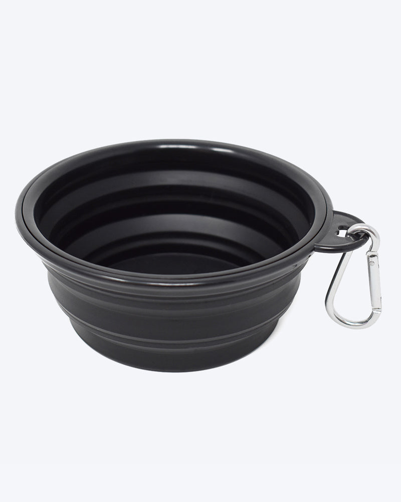 BLACK COLLAPSIBLE DOG WATER BOWL. ATTACHABLE CLIP.