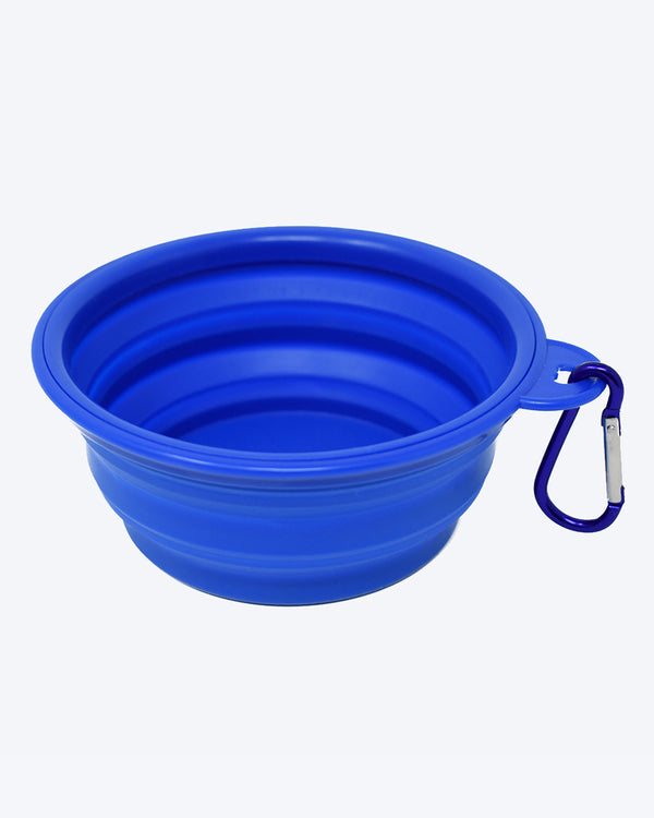 BLUE COLLAPSIBLE DOG WATER BOWL. ATTACHABLE CLIP.