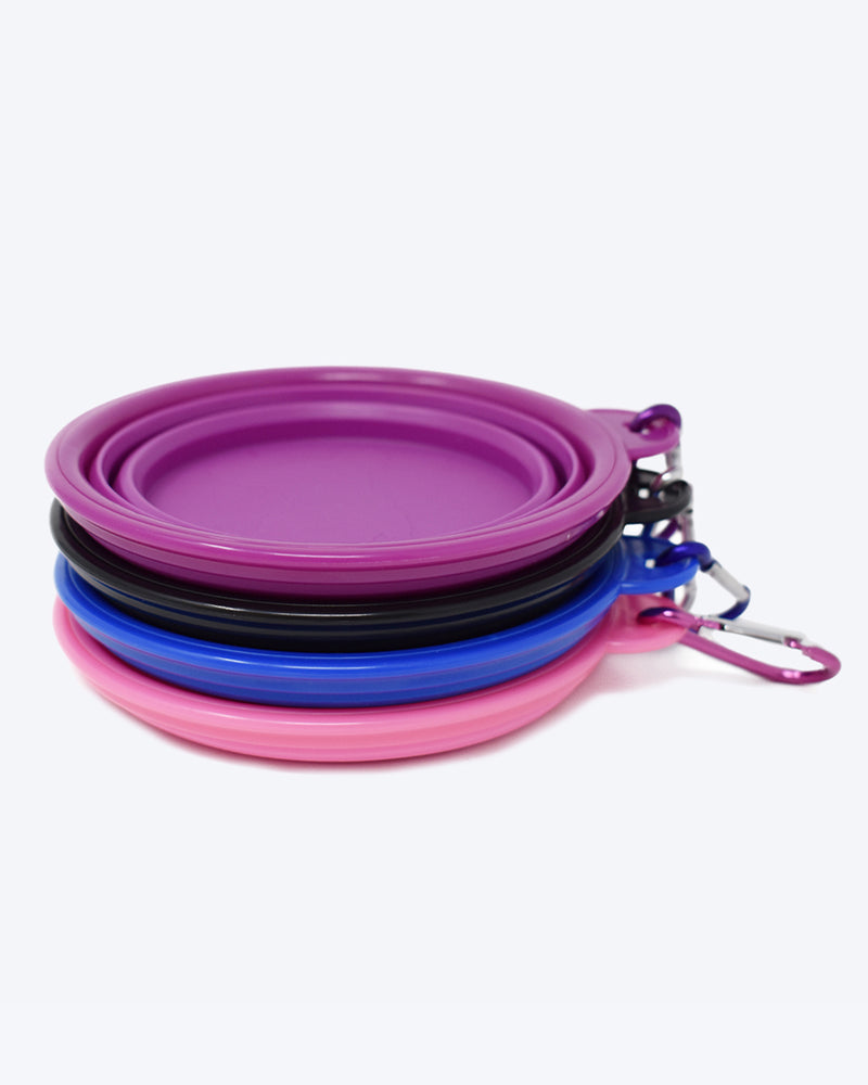 BLUE, PURPLE, BLACK, PINK COLLAPSIBLE DOG WATER BOWL. ATTACHABLE CLIP.