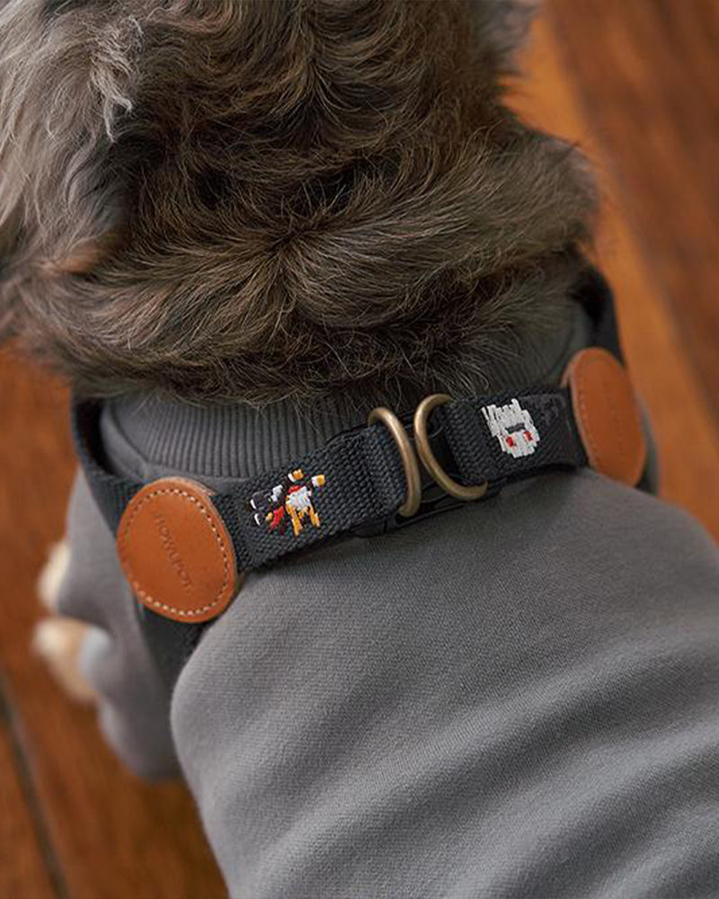 Dog harness with superhero dog embroidered. Charcoal and black color. Buckle and adjustable.