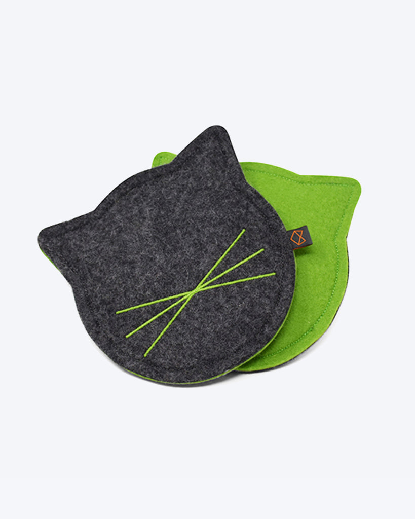 Wool felt cat toy filled with organic catnip. Green and Charcoal.