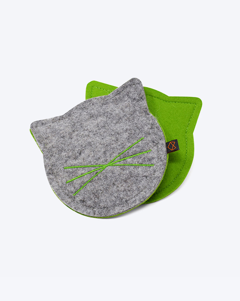 Wool felt cat toy filled with organic catnip. Green and Grey.