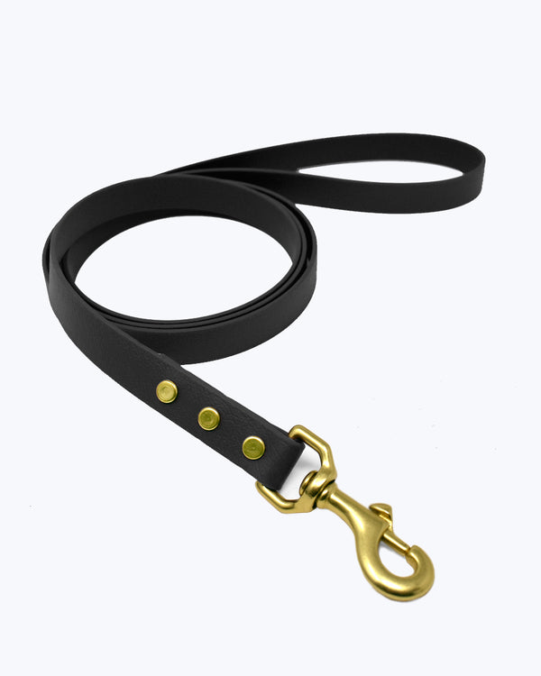 Black biothane leash with classic brass buckle.