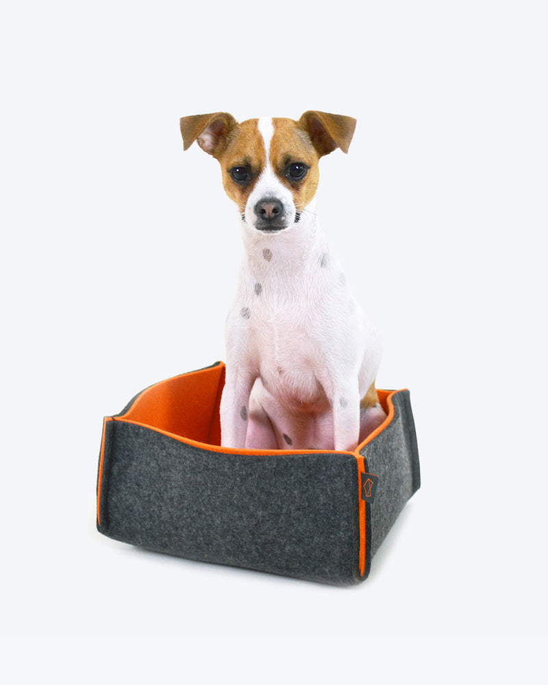 ORGANIC WOOL FELT BOX TO STORE DOG AND CAT TOYS. ORANGE AND CHARCOAL.