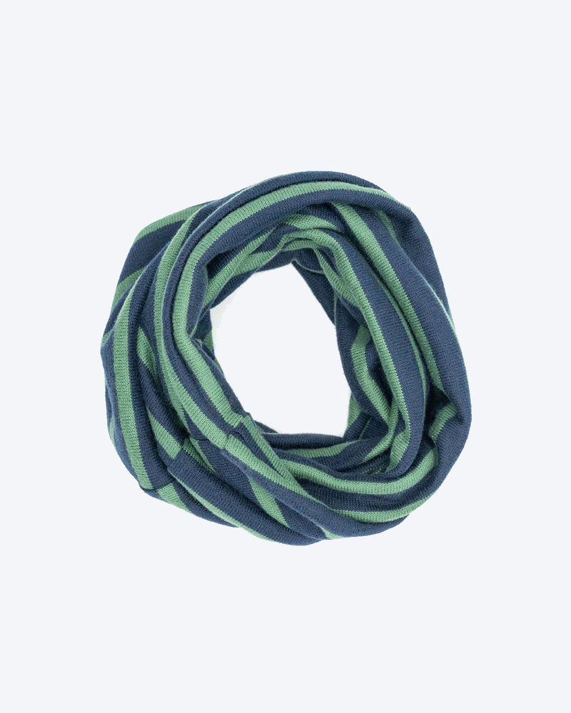SNOOD FOR DOGS NAVY AND GREEN STRIPES. TO KEEP DOGS WARM.