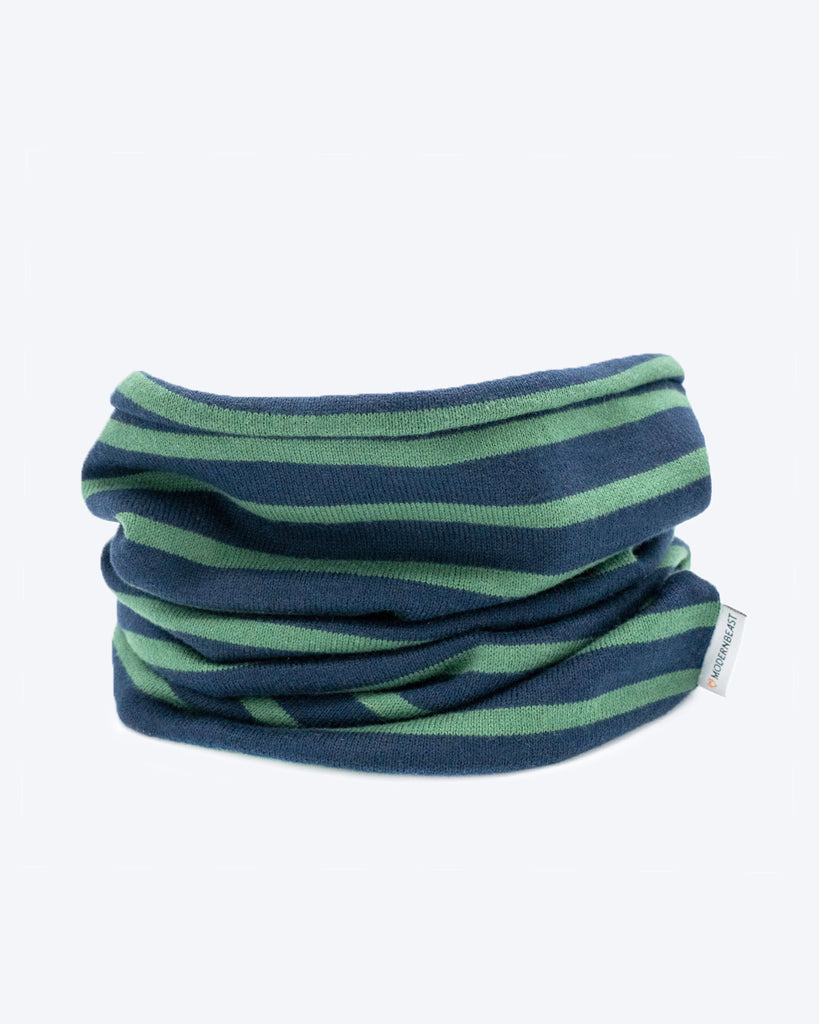 SNOOD FOR DOGS GREEN AND NAVY STRIPES. TO KEEP DOGS WARM.