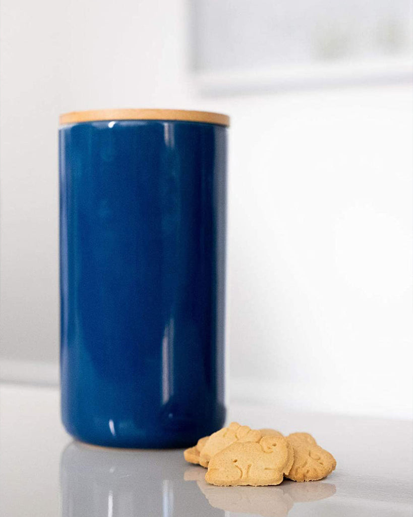 DOG AND CAT TREAT JAR WAGGO CERAMIC SHINY BLUE