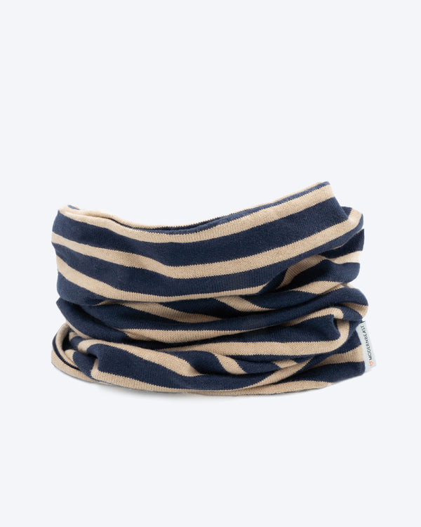 SNOOD FOR DOGS NAVY AND TAN STRIPES. TO KEEP DOGS WARM.