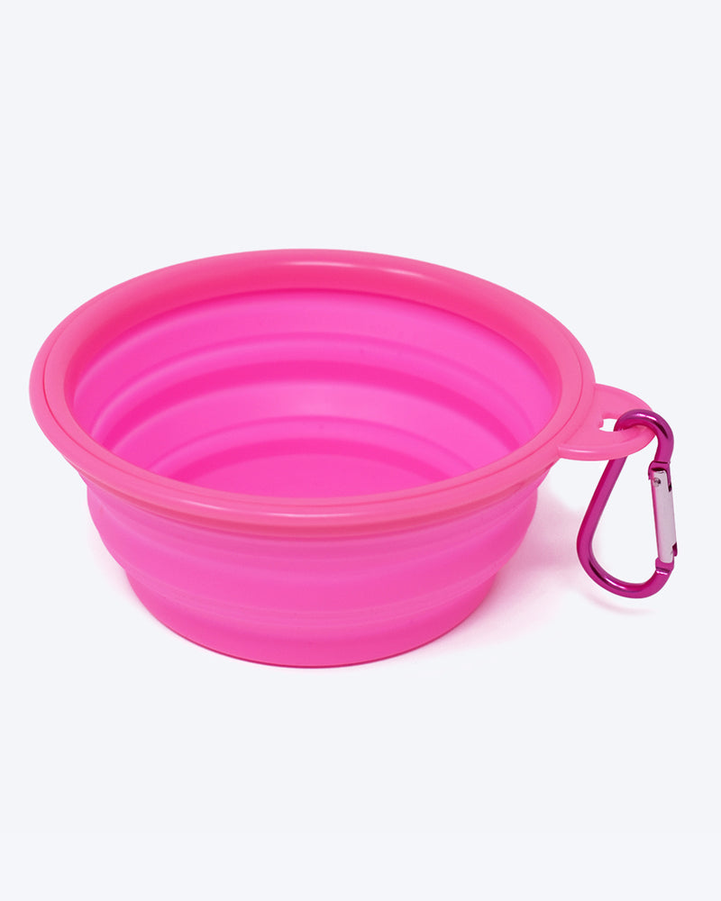 PINK COLLAPSIBLE DOG WATER BOWL. ATTACHABLE CLIP.