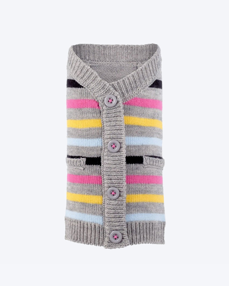 DOG SWEATER GREY WITH BUTTONS. PINK YELLOW BLUE BLACK STRIPES