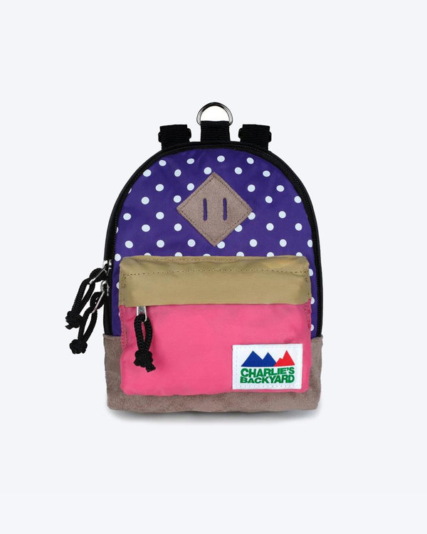 CHARLIES BACKPACK BY CHARLIE'S BACKYARD. PURPLE POLKADOT AND PINK DOG BACKPACK WITH HARNESS STRAPS. SMALL, MEDIUM, LARGE.