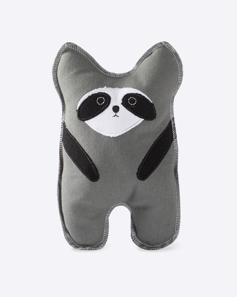 FRINGE CANVAS RACCOON DOG TOY. GREY, BLACK, WHITE RACCOON WITH SQUEAKER FOR DOG.