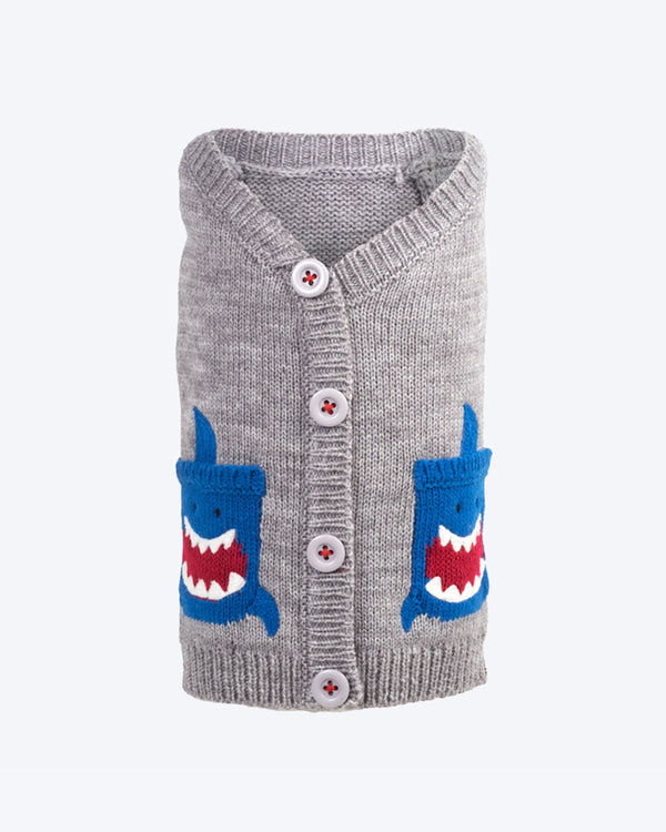DOG SWEATER GREY WITH BUTTONS AND SHARKS
