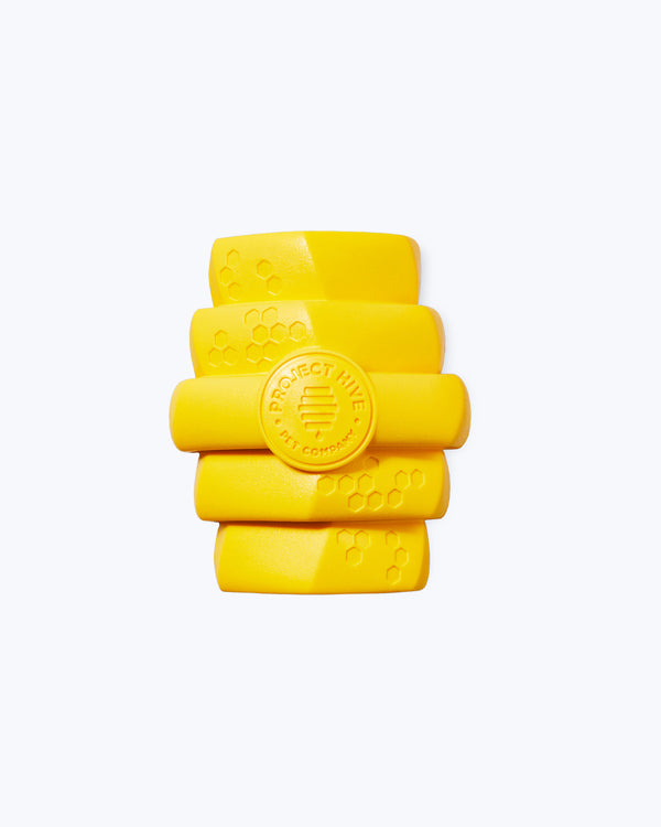 Yellow chew toy with honeycomb print for dogs by Project Hive. Small and large options.