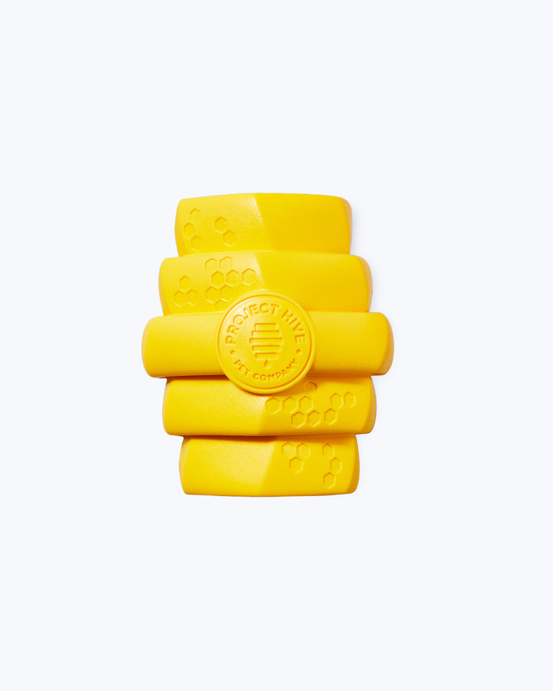 Yellow chew toy with honeycomb print for dogs by Project Hive. Small and large options.