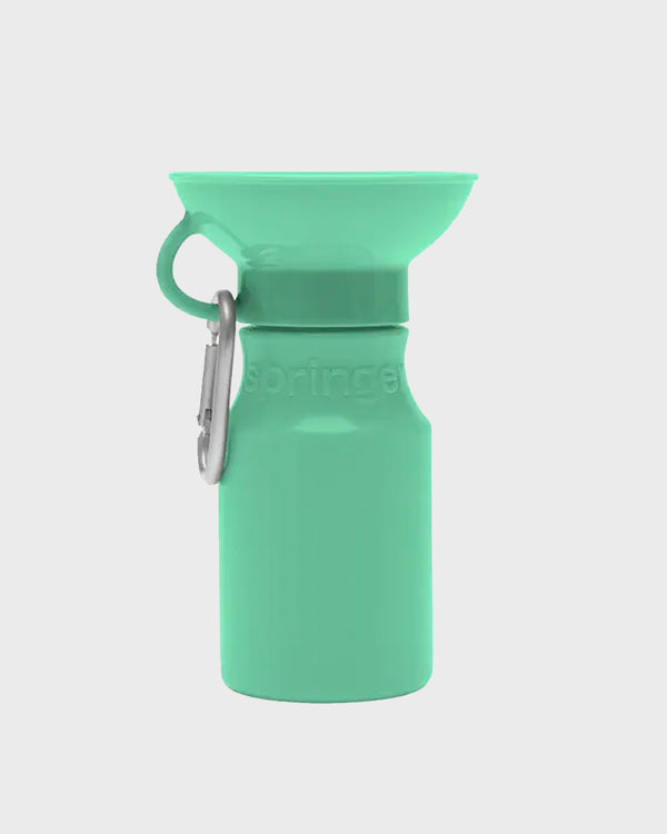 Lilac water bottle for dogs by Springer Pet. Includes a carabiner.