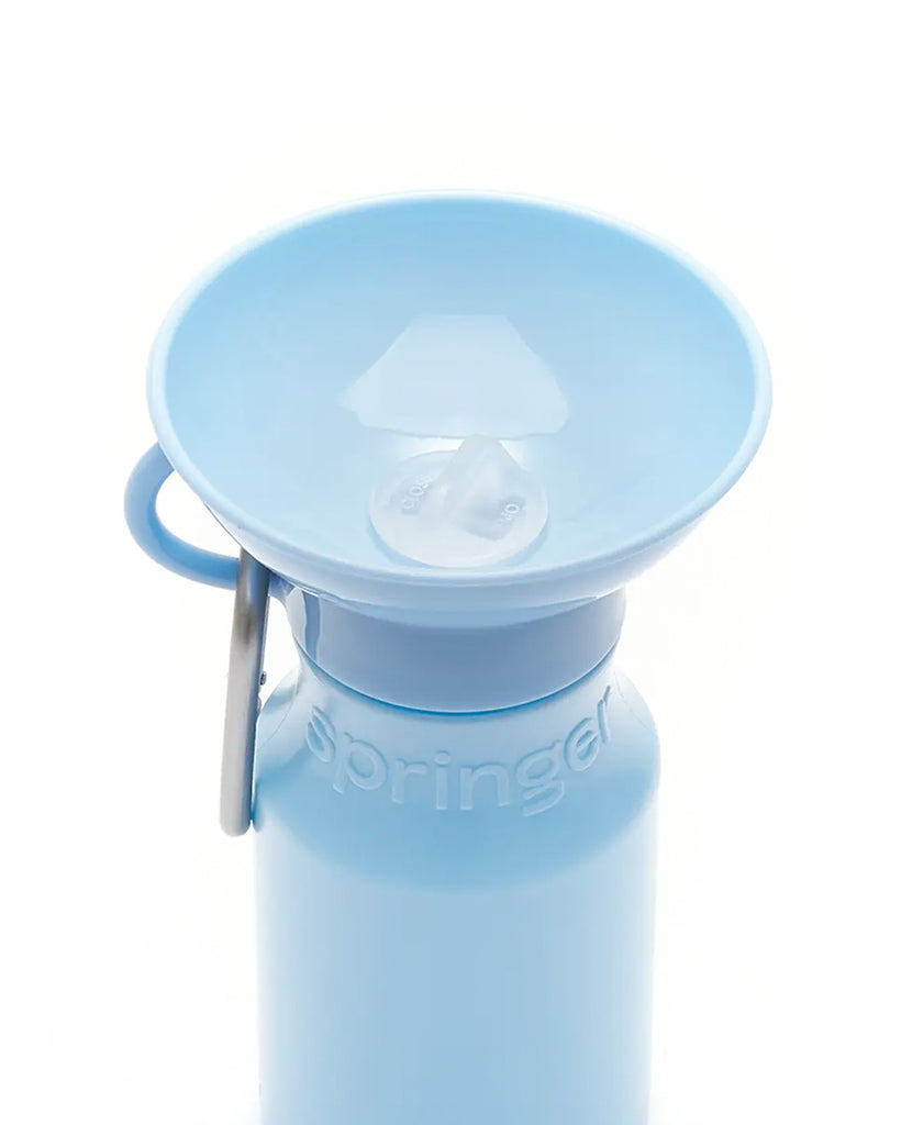 Light blue water bottle for dogs by Springer Pet. Includes a carabiner.