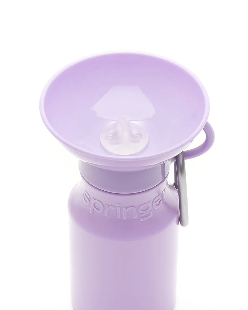 Lilac water bottle for dogs by Springer Pet. Includes a carabiner.