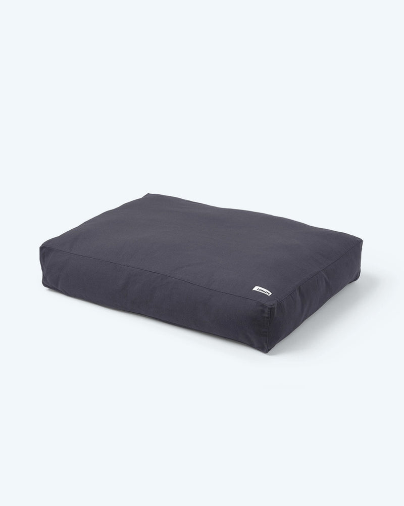 Dark grey neutral rectangular dog bed.