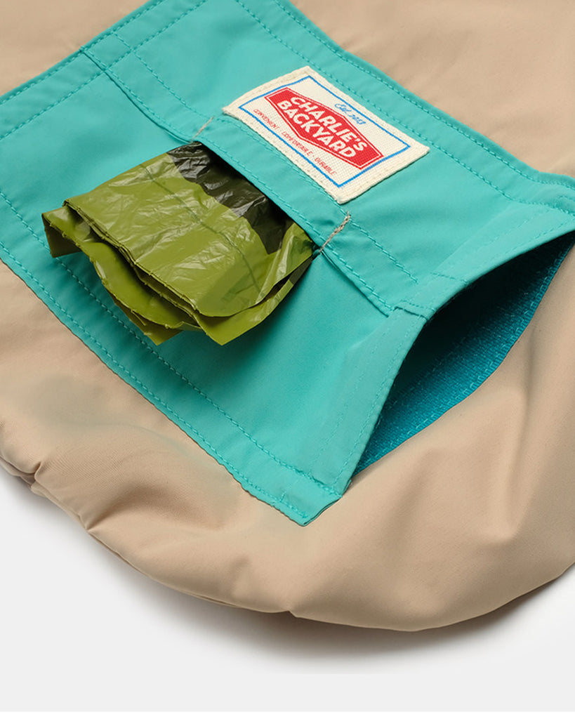 CHARLIE'S BACKYARD WINDBREAKER BUILT IN POOP BAG HOLDER BLUE AND TAN