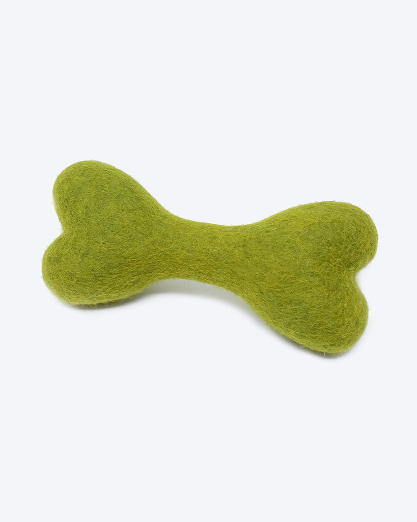 WOOL DOG BONE MADE OF 100% ORGANIC WOOL FELT DENSELY PACKED. ECO FRIENDLY. DURABLE. SMALL AND LARGE. GREEN.