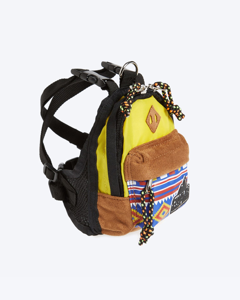 CHARLIES BACKPACK BY CHARLIE'S BACKYARD. YELLOW DOG BACKPACK WITH HARNESS STRAPS. SMALL, MEDIUM, LARGE.