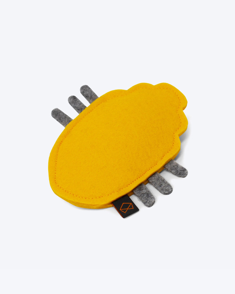 Yellow felt cat toy filled with organic catnip. Sustainable.