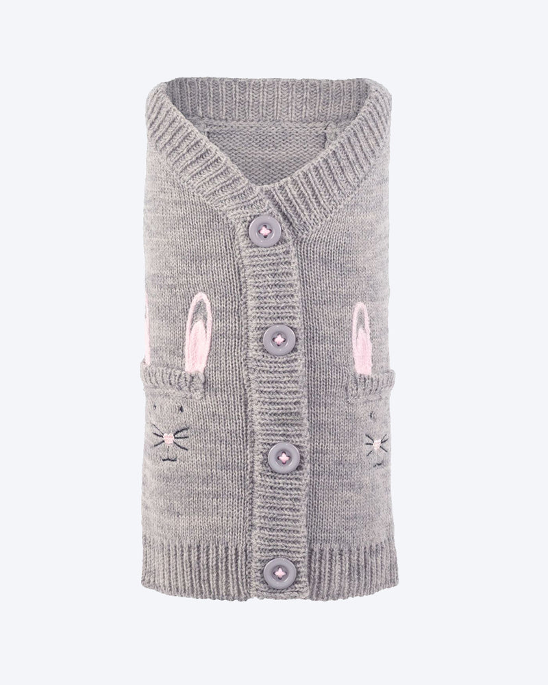 WORTHY DOG SWEATER / CARDIGAN WITH PINK BUNNIES. GREY SWEATER WITH 4 BUTTONS.
