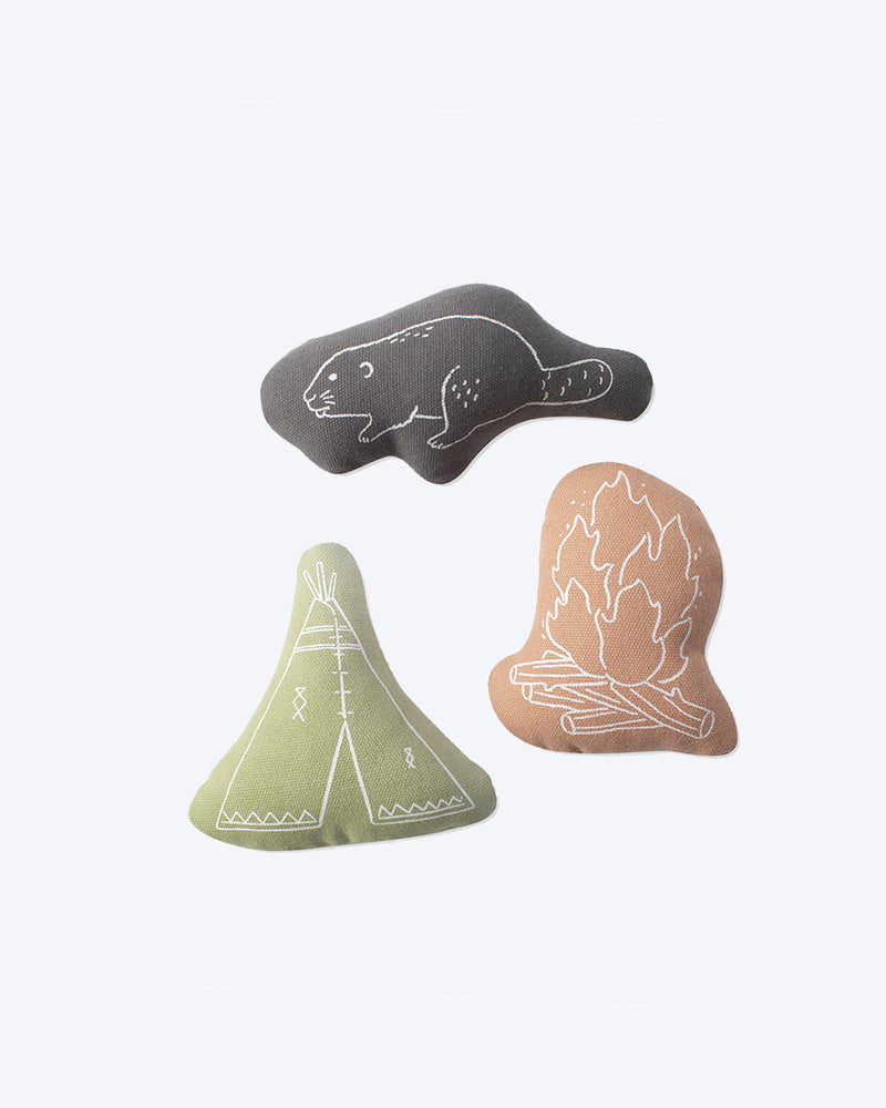 Camping themed dog toys. Orange camping fire, grey beaver, green tent.