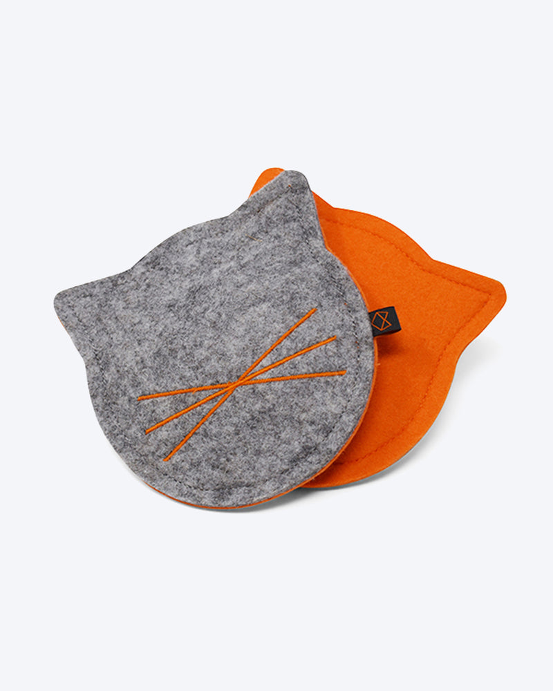 Wool felt cat toy filled with organic catnip. Orange and Grey.