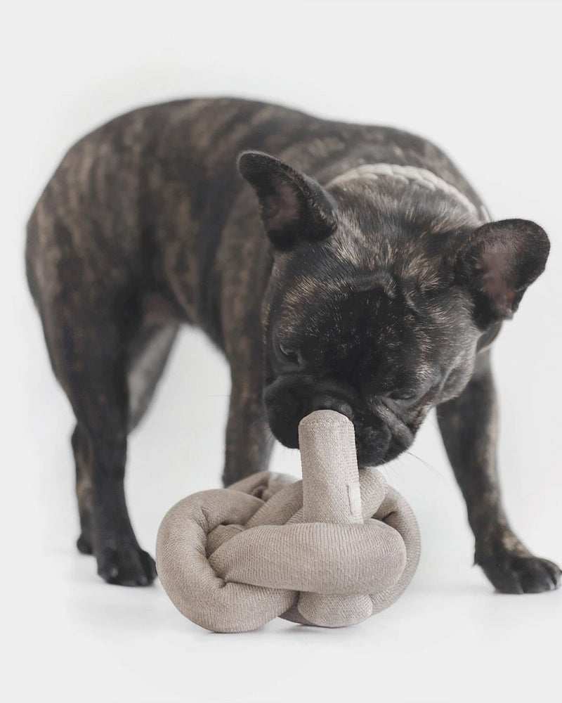 Tan NOUNOU by Lambwolf Collective. A long versatile toy tied into a knot. Pictured with Frenchie dog.