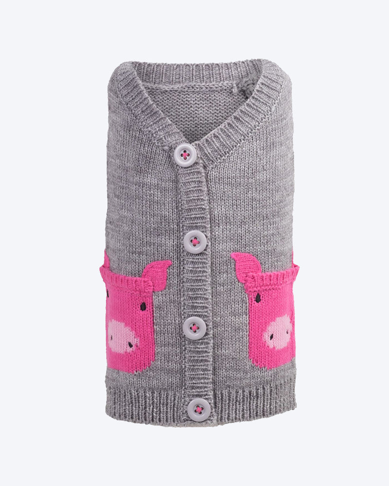 DOG SWEATER GREY WITH BUTTONS AND PIGS.