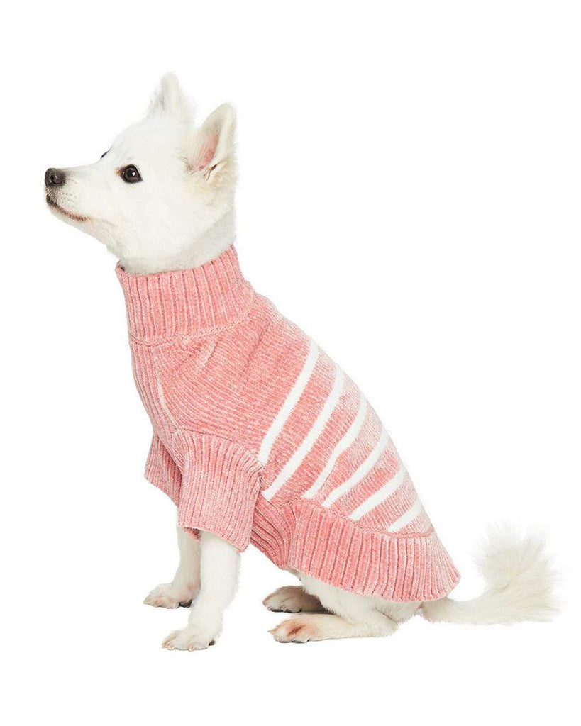 PINK PET SWEATER WHITE STRIPES SOFT CHENILLE MATERIAL